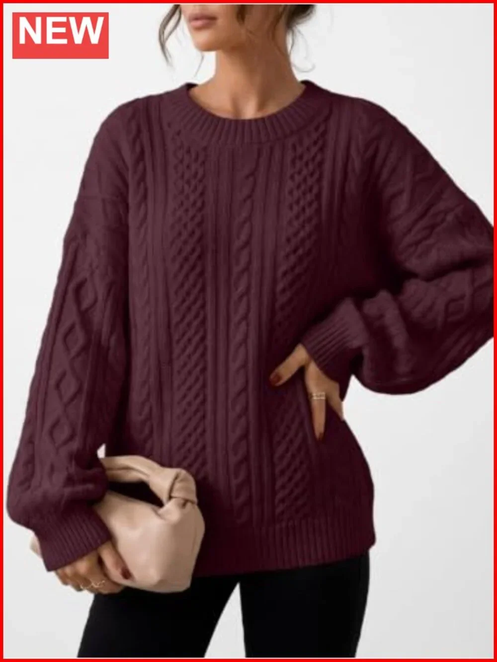 Oversized Cable Knit Chunky Pullover Sweater Cotton Blend Crew Neck